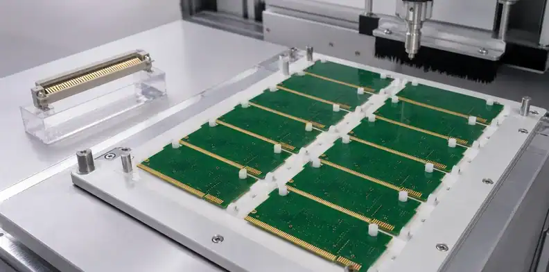 An engineering scene for PCB edge connector bevel showing inner copper clearance at the taper.