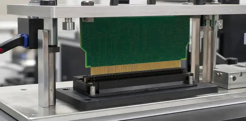 An engineering scene for PCB edge connector bevel showing insertion trial with the released connector.