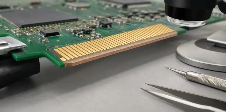An engineering scene for PCB edge connector bevel showing socket mouth and board thickness.