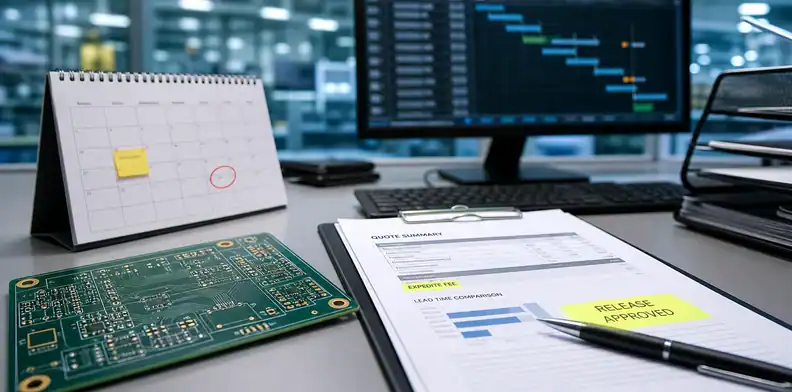 PCB expedite fee approval a PCB rush order desk with calendar deadline, quote approval sheet, board sample, and highlighted release decision