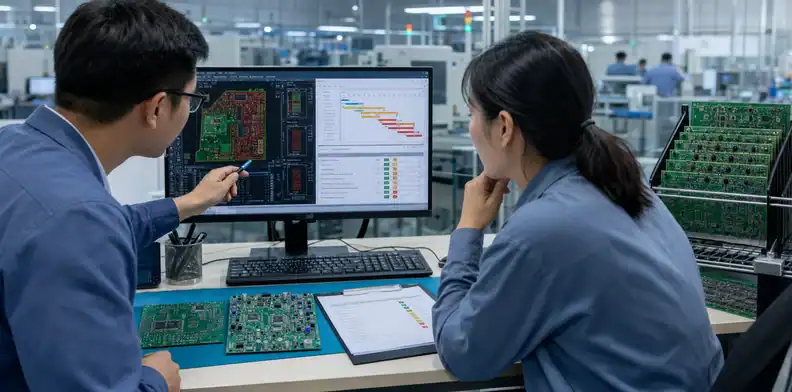 PCB expedite fee approval engineer and buyer reviewing frozen Gerber files and expedited production bottleneck on a monitor beside PCB panels