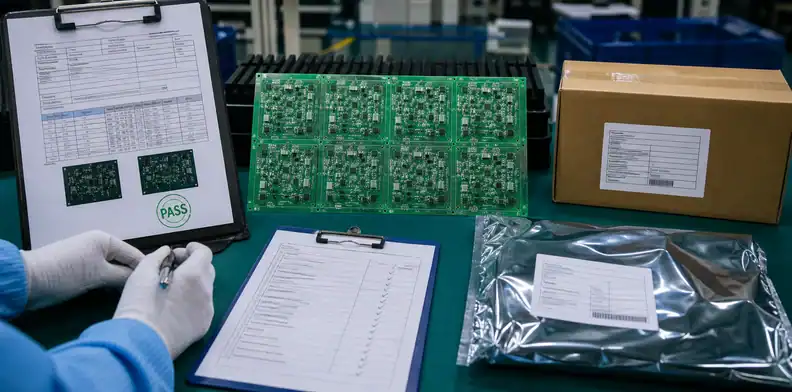 PCB expedite fee approval quality evidence board showing inspection report, packing label, and rush-order hold trigger before shipment