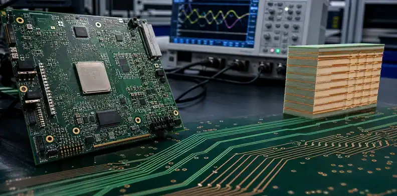 An engineering scene for PCB glass weave skew showing high-speed differential pairs and a glass-weave stack-up.