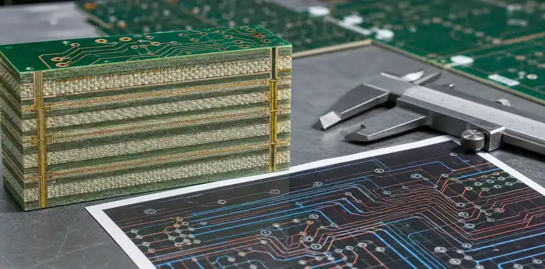 An engineering scene for PCB glass weave skew showing woven glass layers and a differential-pair layout.