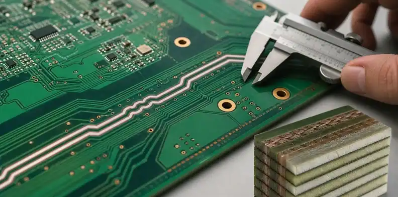 An engineering scene for PCB glass weave skew showing angled differential-pair routing on a multilayer PCB.