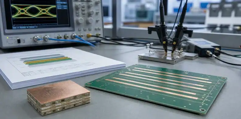 An engineering scene for PCB glass weave skew showing an impedance coupon and signal-integrity test bench.