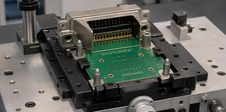 An engineering scene for PCB hole position tolerance showing connector shell and locating-pin datum.