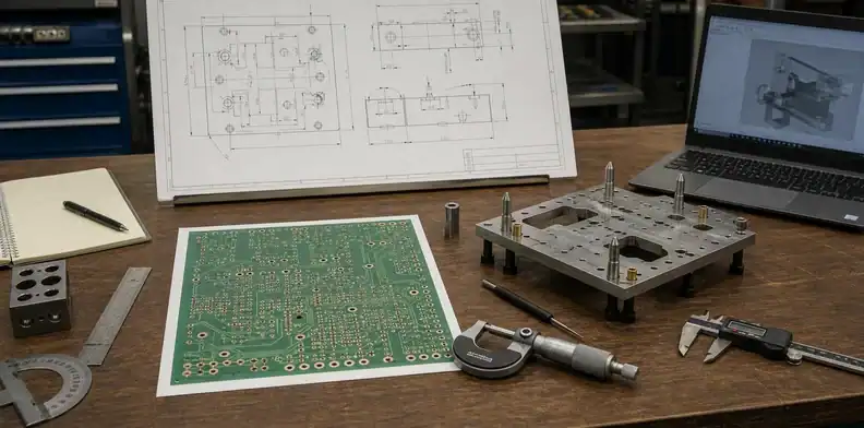 An engineering scene for PCB hole position tolerance showing datum drawing with inspection fixture.