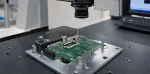 An engineering scene for PCB hole position tolerance showing connector shell and locating-pin datum.