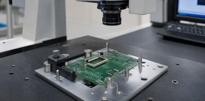 An engineering scene for PCB hole position tolerance showing connector shell and locating-pin datum.