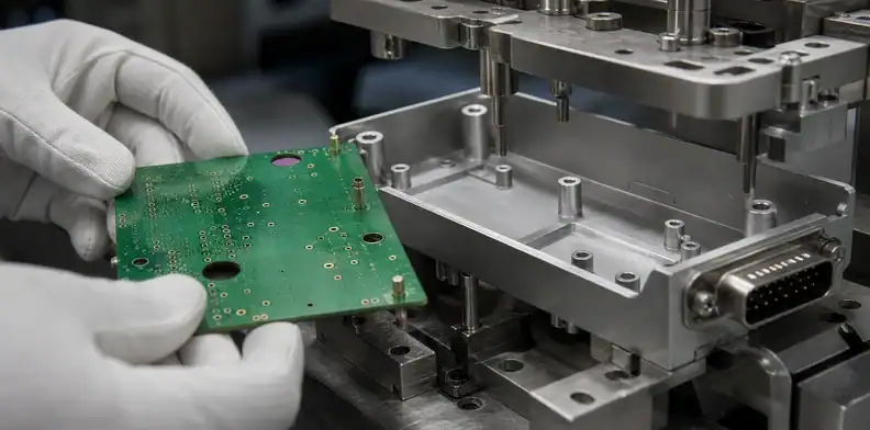 An engineering scene for PCB hole position tolerance showing first-article enclosure fit.