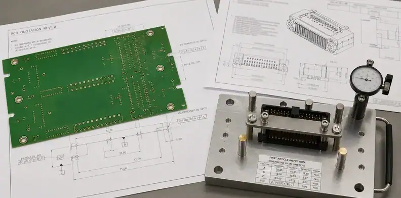 An engineering scene for PCB hole position tolerance showing RFQ measurement-plan review.