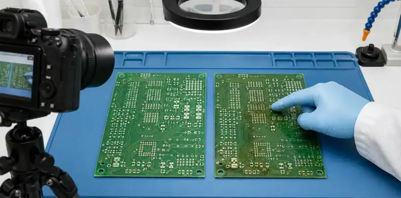 PCB immersion silver finish samples photographed before discoloration cleaning