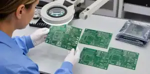 PCB immersion silver finish boards inspected for tarnish under a laboratory magnifier