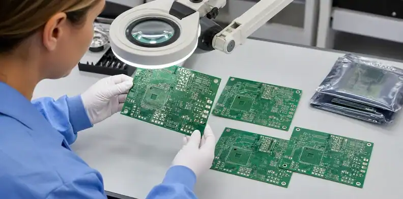 PCB immersion silver finish boards inspected for tarnish under a laboratory magnifier