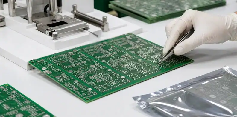 PCB immersion tin finish inspected on a bare board panel in a quality laboratory
