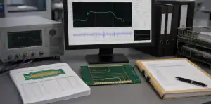Engineering desk reviewing a pcb impedance test report with TDR trace and stackup evidence