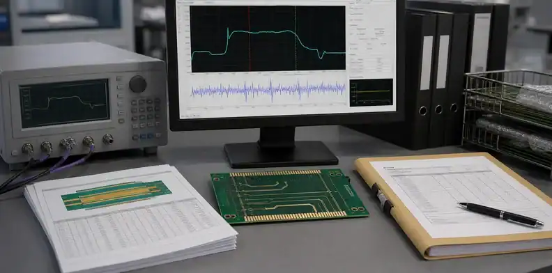 Engineering desk reviewing a pcb impedance test report with TDR trace and stackup evidence