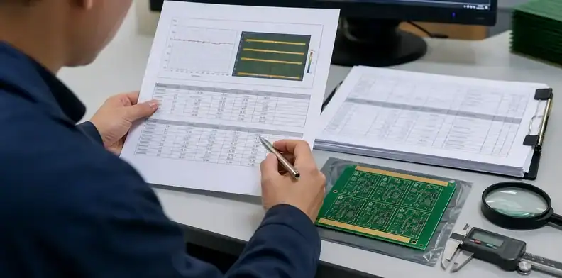 Buyer comparing a pcb impedance test report lot ID against target tolerance and measured values