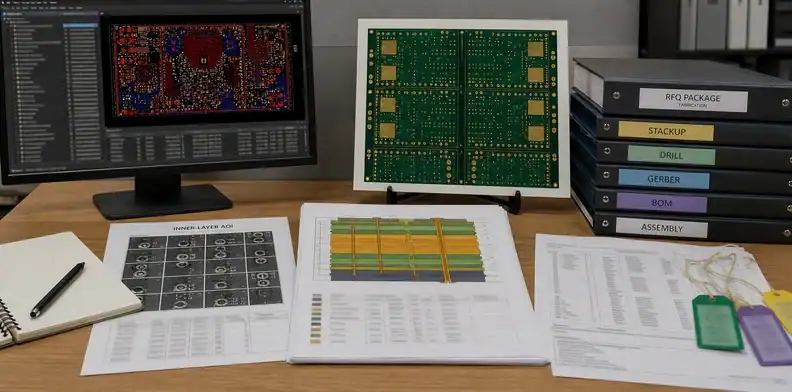 An engineering scene for PCB inner-layer AOI evidence showing AOI evidence RFQ package.