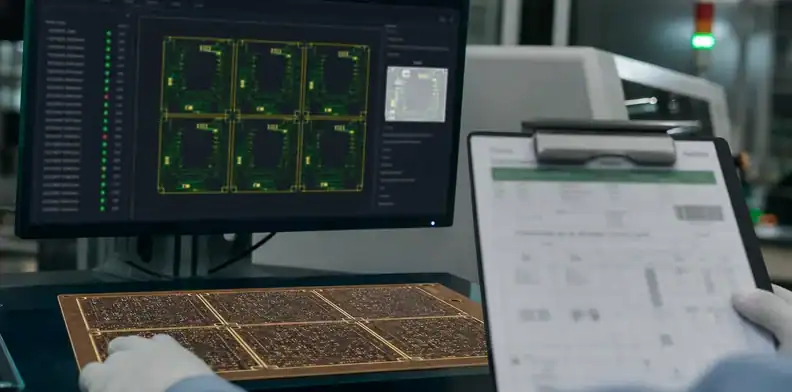 An engineering scene for PCB inner-layer AOI evidence showing AOI quality disposition record.