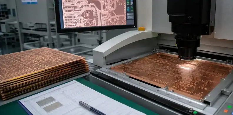 An engineering scene for PCB inner-layer AOI evidence showing inner-layer panel under an AOI camera.