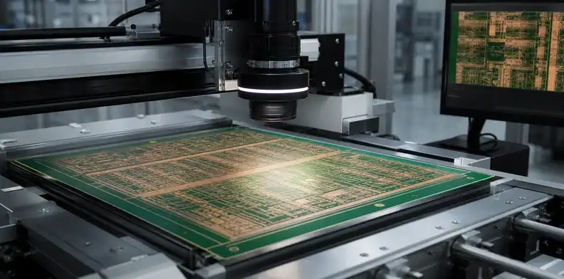 An engineering scene for PCB inner-layer AOI evidence showing inner-layer panel under an AOI camera.