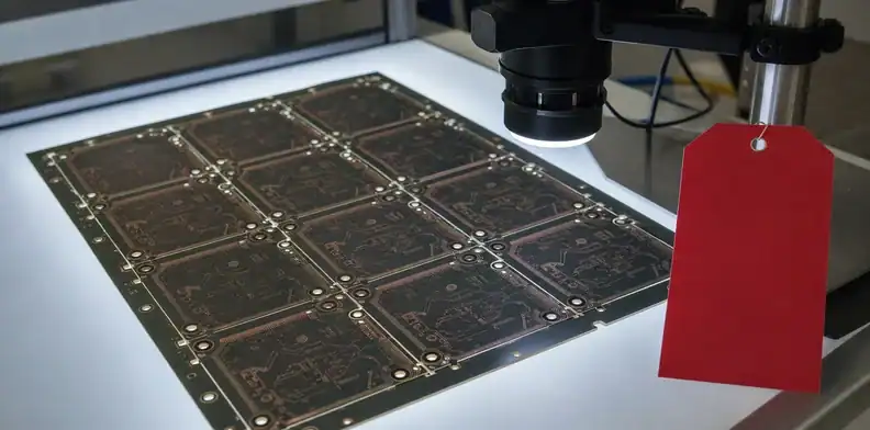 An engineering scene for PCB inner-layer AOI evidence showing lamination release and panel traceability.