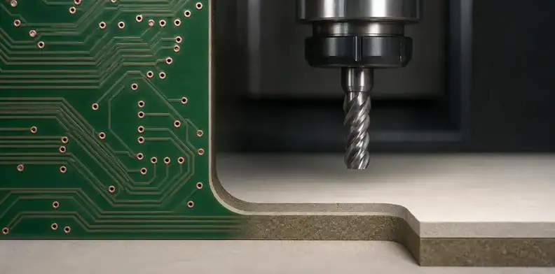 An engineering scene for PCB internal corner radius showing controlled-depth pocket cross-section.