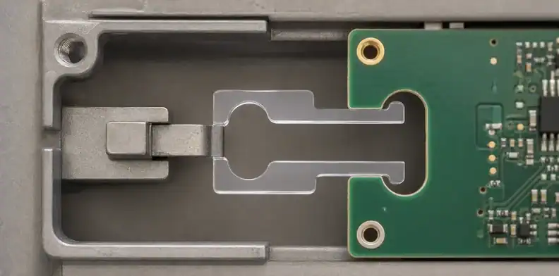 An engineering scene for PCB internal corner radius showing dog-bone relief with mating tab.