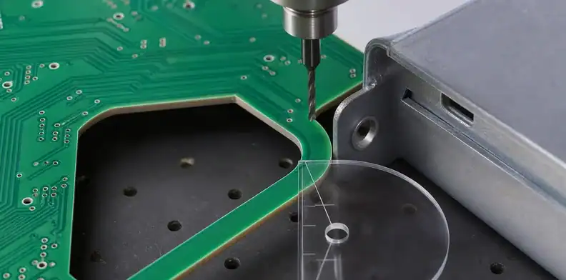 An engineering scene for PCB internal corner radius showing routed internal corner and toolpath.