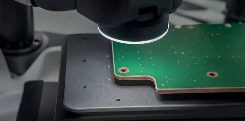 An engineering scene for PCB internal corner radius showing optical radius inspection.