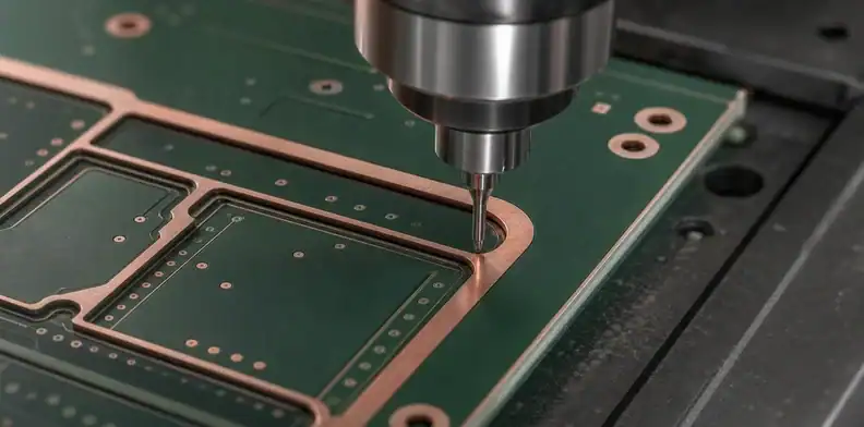 An engineering scene for PCB internal corner radius showing routed internal corner and toolpath.
