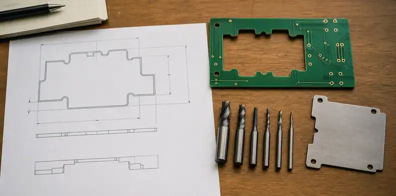 An engineering scene for PCB internal corner radius showing routing tools beside a profile drawing.