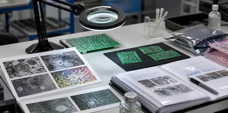 Inspection desk showing pcb ionic cleanliness evidence with residue photo and report folder