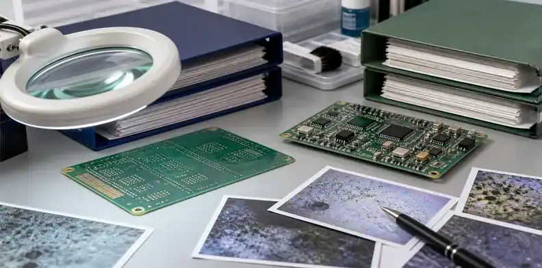 White residue review scene connecting pcb ionic cleanliness to PCB and PCBA process records