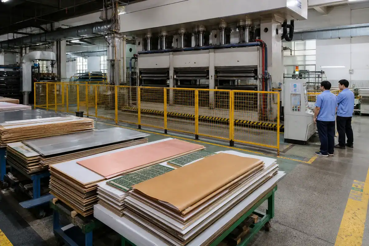 PCB lamination workshop with layup books, separator plates and guarded hydraulic press
