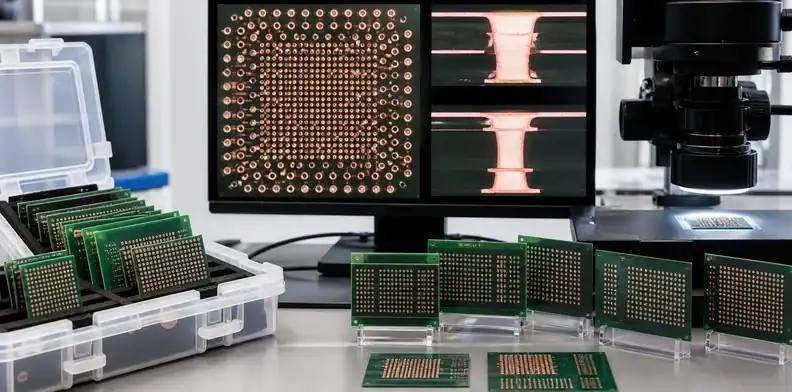 Representative coupons show PCB laser drilling cleaning, metallization, and risky panel locations.