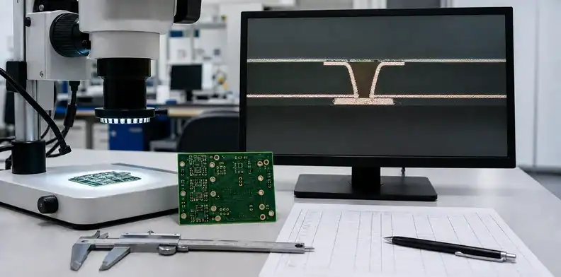A microsection review checks PCB laser drilling target capture and plated microvia quality.