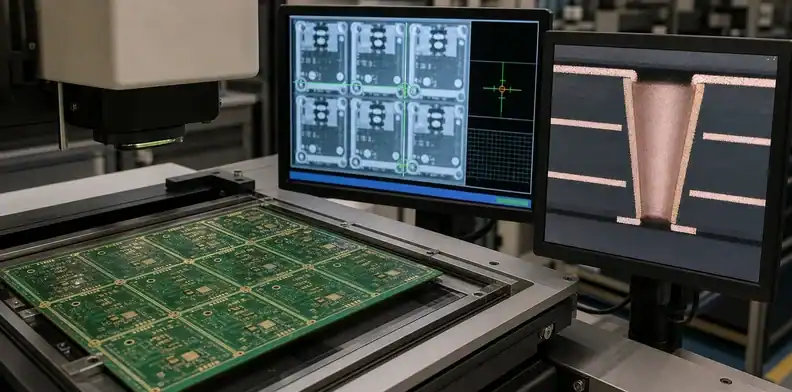 Inspection evidence from PCB laser drilling reveals target movement and via profile condition.