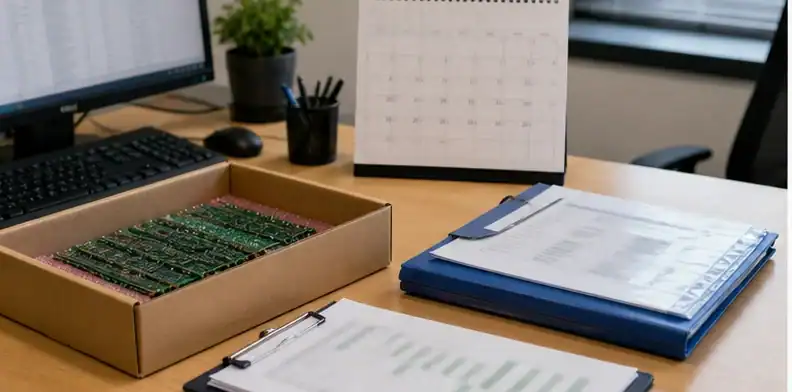 Purchasing desk reviewing a PCB late delivery recovery plan with boxed boards