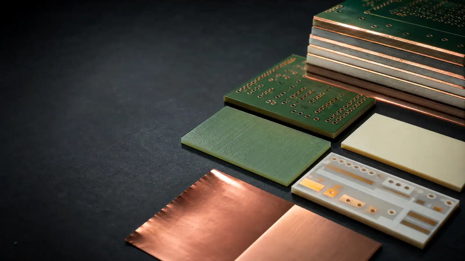Circuit board substrate and copper foil samples on a dark surface