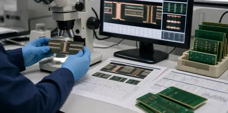 Lab review desk showing a pcb microsection report with plated hole cross section evidence