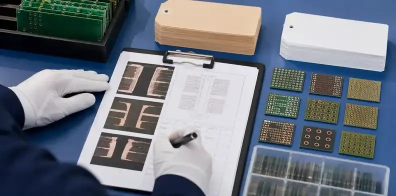 Buyer checking a pcb microsection report against hole type, lot ID and acceptance class