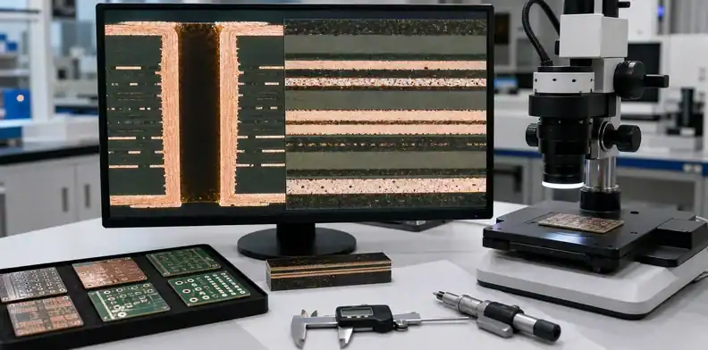 Microscope image review for a pcb microsection report showing hole wall copper and lamination
