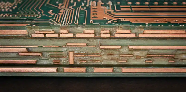 A manufacturing view of multilayer PCB resin flow showing resin fill between copper features.