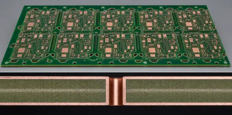 A manufacturing view of multilayer PCB resin flow showing copper-density transitions in a pressed stack-up.