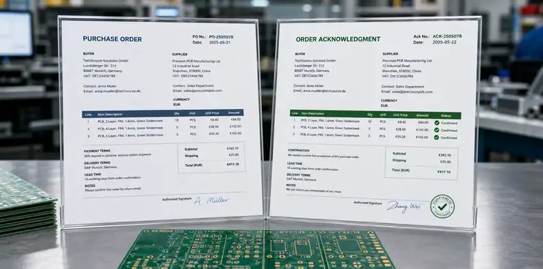PCB order confirmation commercial identity and supplier acknowledgment match