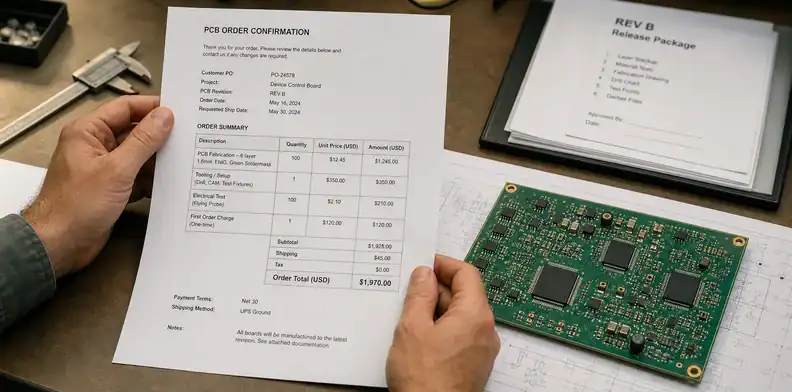PCB order confirmation technical revision quantity price and first-order charge check