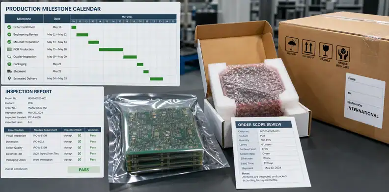 PCB order confirmation delivery milestones quality evidence packaging and shipping scope